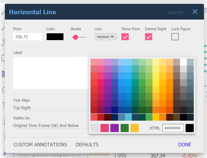 Screenshot of the color preference selection dialog from TrendSpider